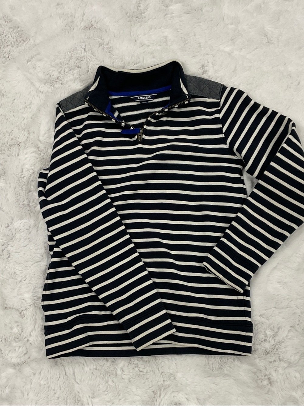 Lands' End Boys Navy and White Striped Half-Zip Pullover